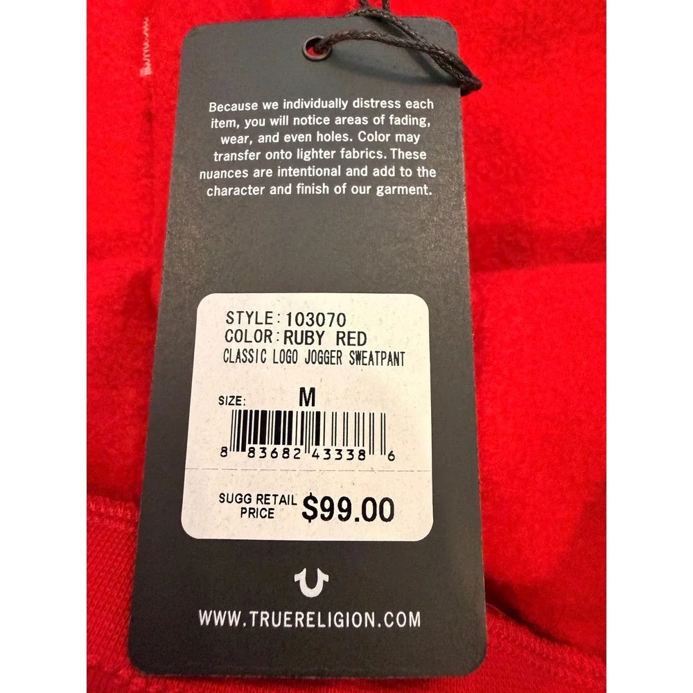 True Religion Classic Logo Velour‎ Jogger Sweatpants Ruby Red Size M NWT